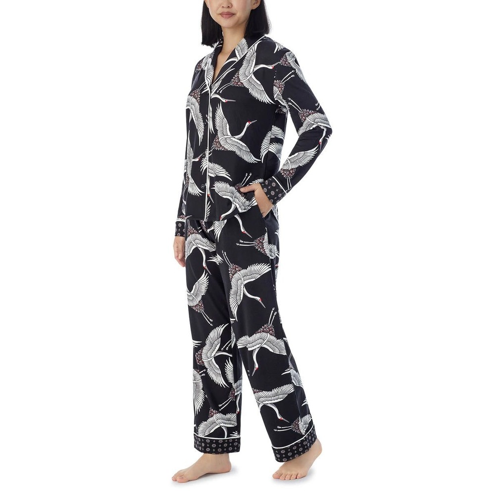 NWT Room Service Womens‎ Pajama Set M Crane Print Button Up Lounge Sleepwear Blk